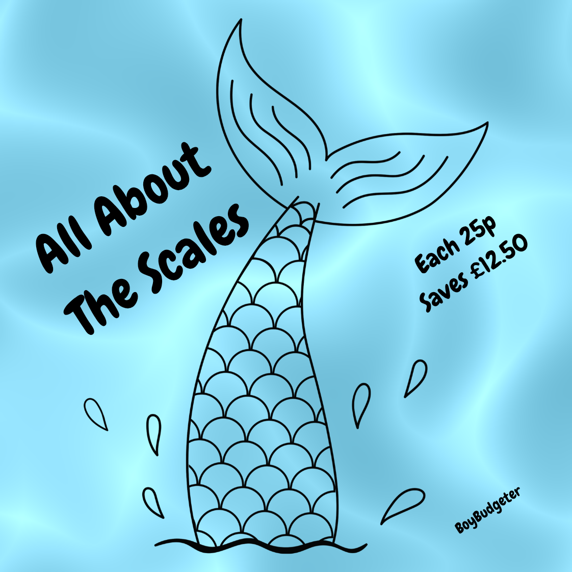 Mermaid tail illustration with text about saving money on a blue gradient background