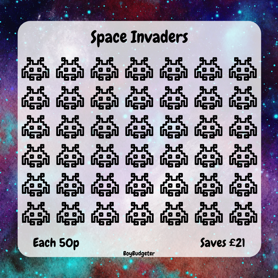 Sheet of Space Invaders stickers with a space-themed background