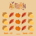 Autumn-themed design with pumpkins, leaves, and acorns on a beige background.