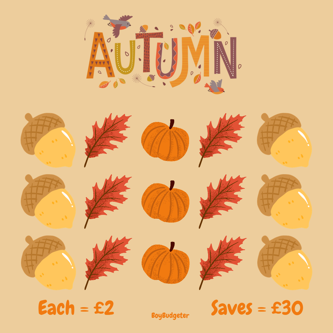 Autumn-themed design with pumpkins, leaves, and acorns on a beige background.