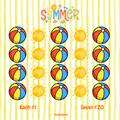 Summer-themed product display with beach balls and suns on a yellow background, featuring text about savings.