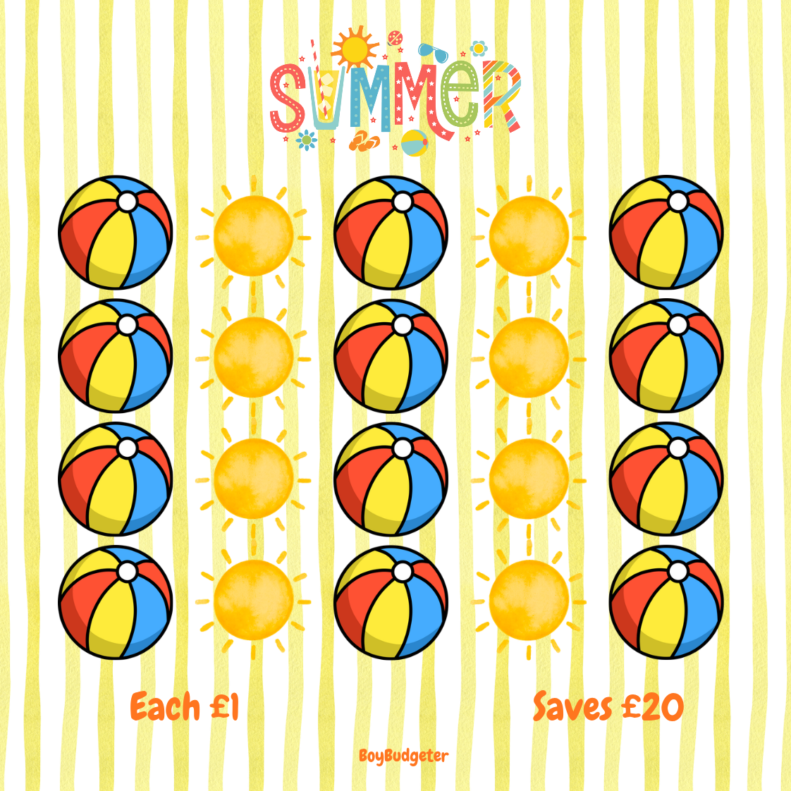 Summer-themed product display with beach balls and suns on a yellow background, featuring text about savings.