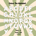 Alphabet letters from A to Z on a beige and green striped background with promotional text.