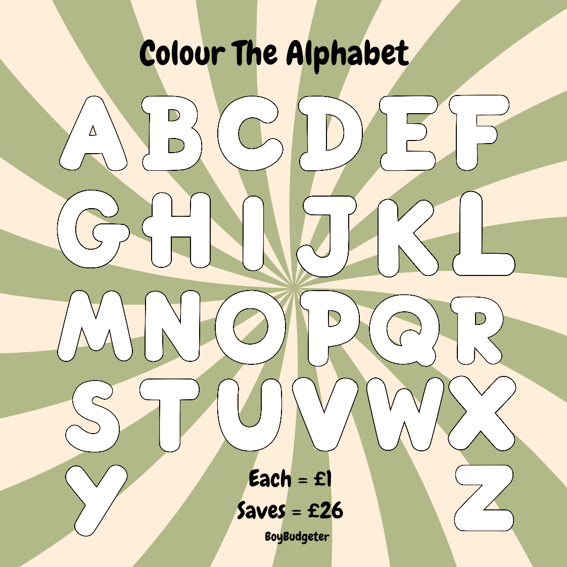 Alphabet letters from A to Z on a beige and green striped background with promotional text.