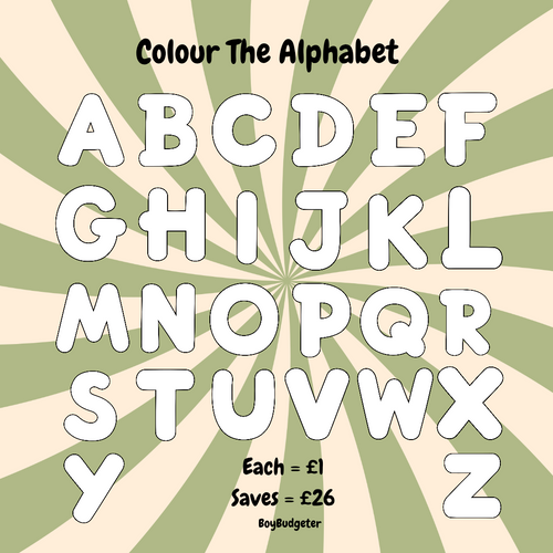 Alphabet letters from A to Z on a beige and green striped background with promotional text.