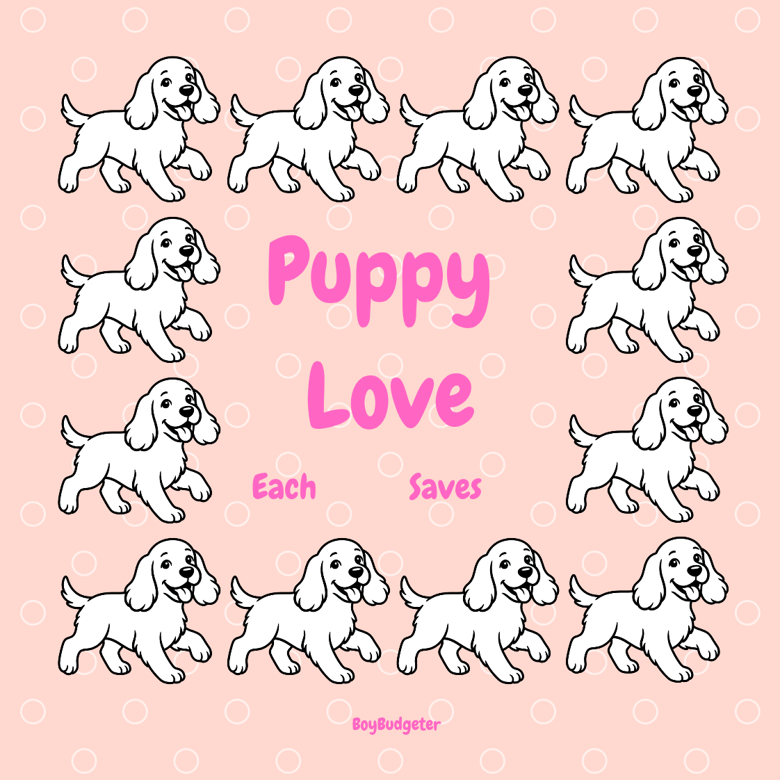 Pattern of white puppies on a pink background with 'Puppy Love' text.