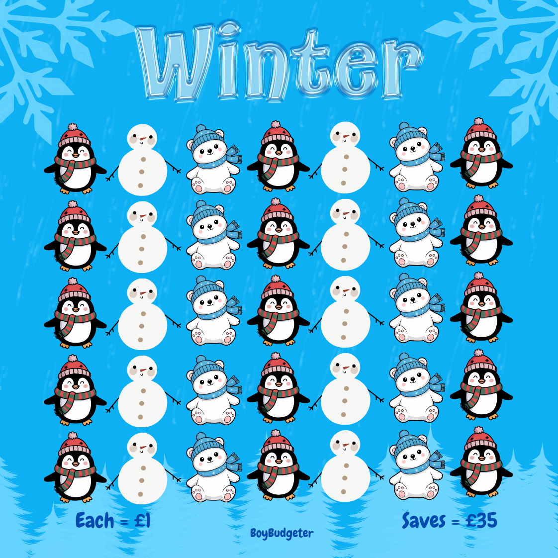 Winter themed mini savings challenge tracker - handmade laminated budgeting card
