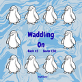 Cartoon penguins on a blue patterned background with text about savings.