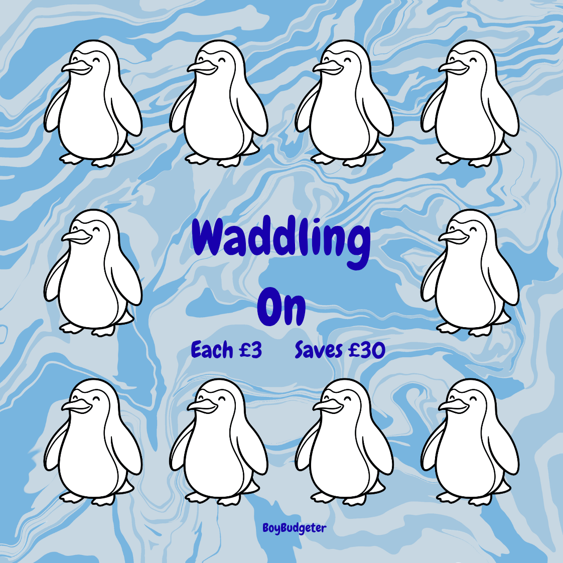 Cartoon penguins on a blue patterned background with text about savings.