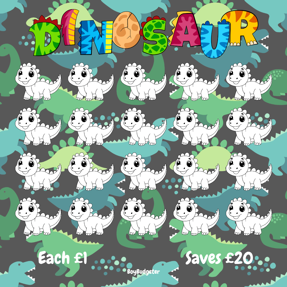 Pattern of cartoon dinosaurs with colorful 'DINOSAUR' text on a dark background.