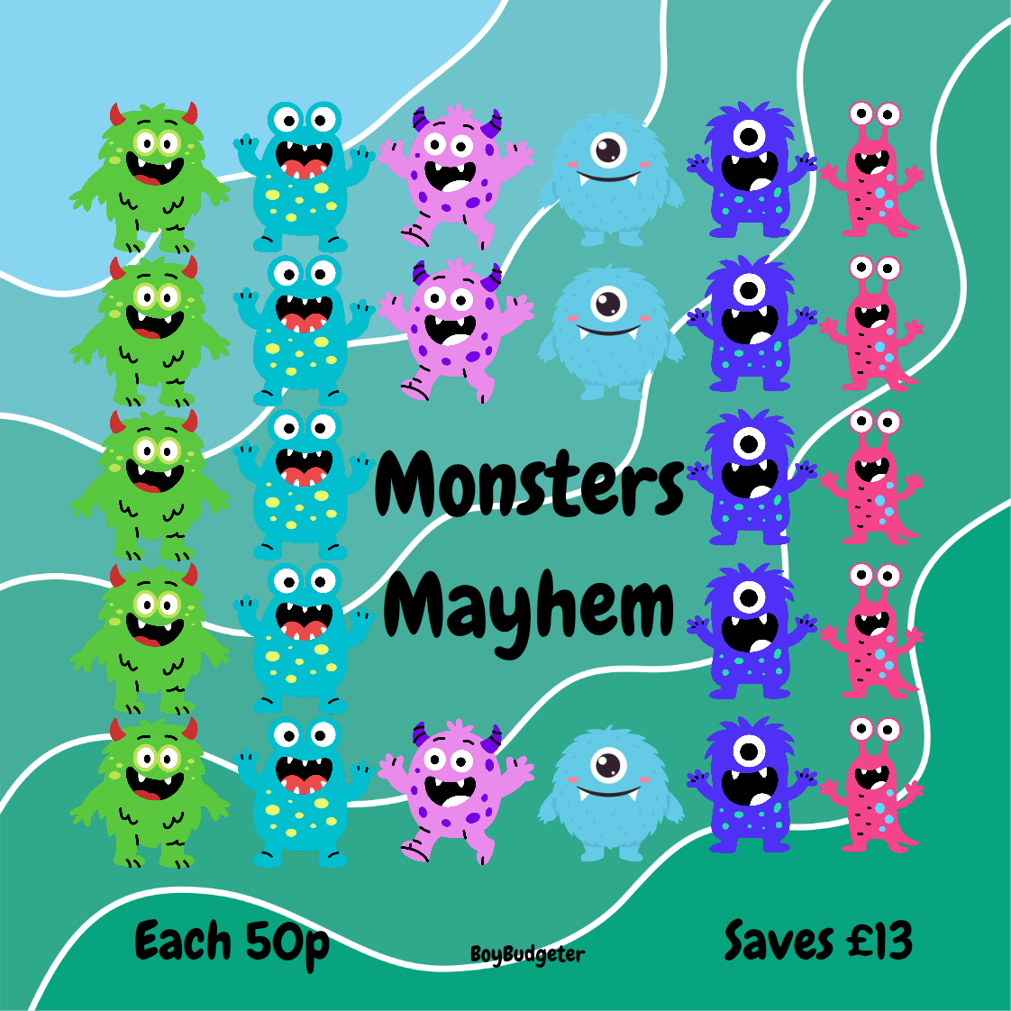 Colorful monsters arranged in a pattern on a teal background with text 'Monsters Mayhem' and promotional information.