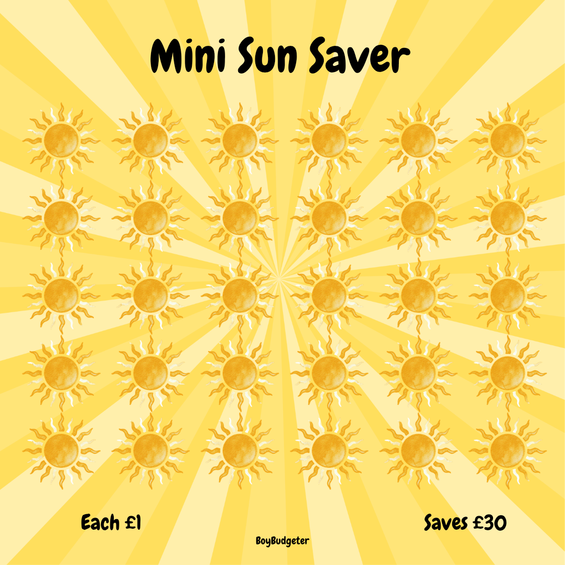 Promotional graphic for 'Mini Sun Saver' with sun patterns and text on a yellow background.