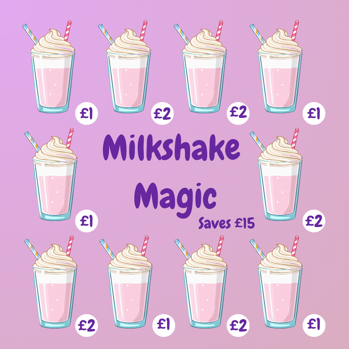 Illustrations of milkshakes with price tags on a purple background, promoting 'Milkshake Magic' savings.