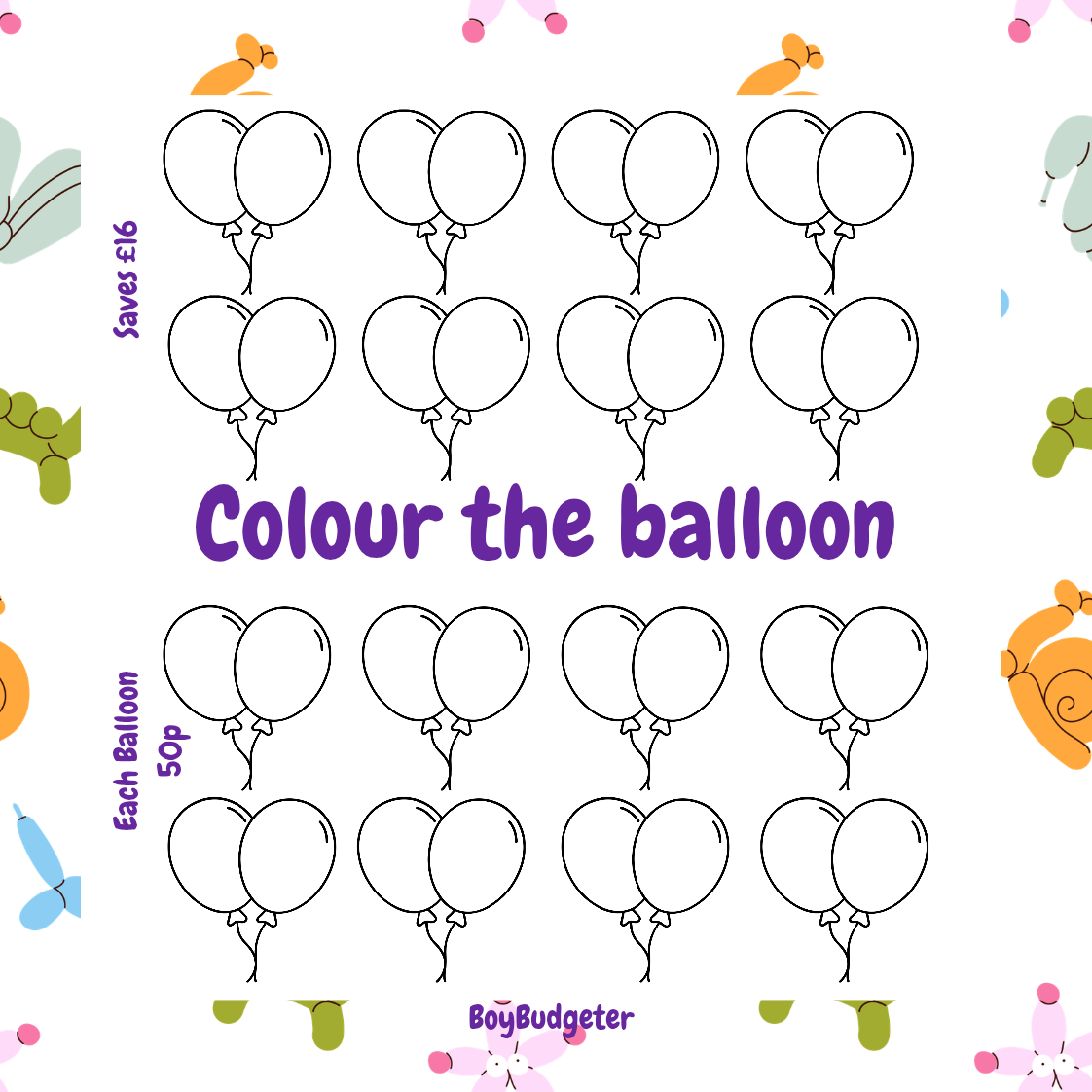 Sheet of black and white balloons with text on a white background