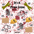 Illustration of a crime scene with police equipment and pricing on a red speckled background.
