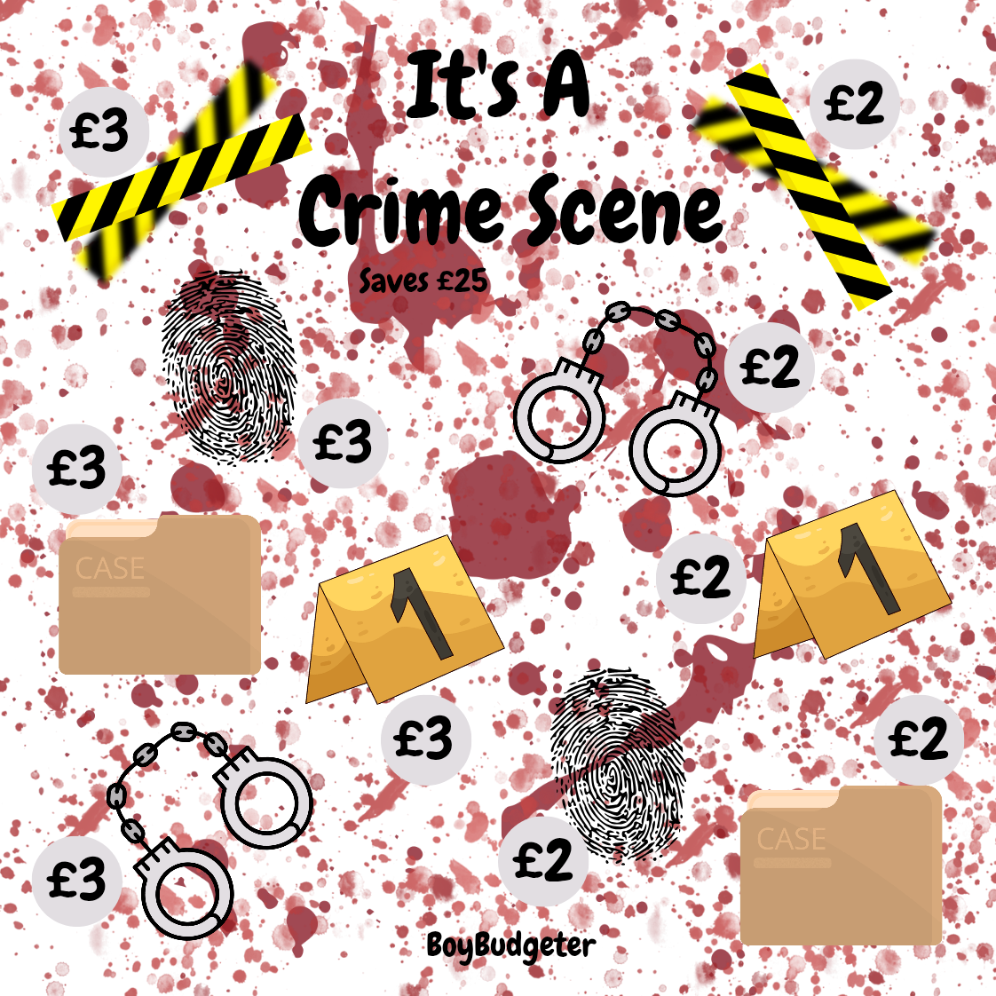 Illustration of a crime scene with police equipment and pricing on a red speckled background.