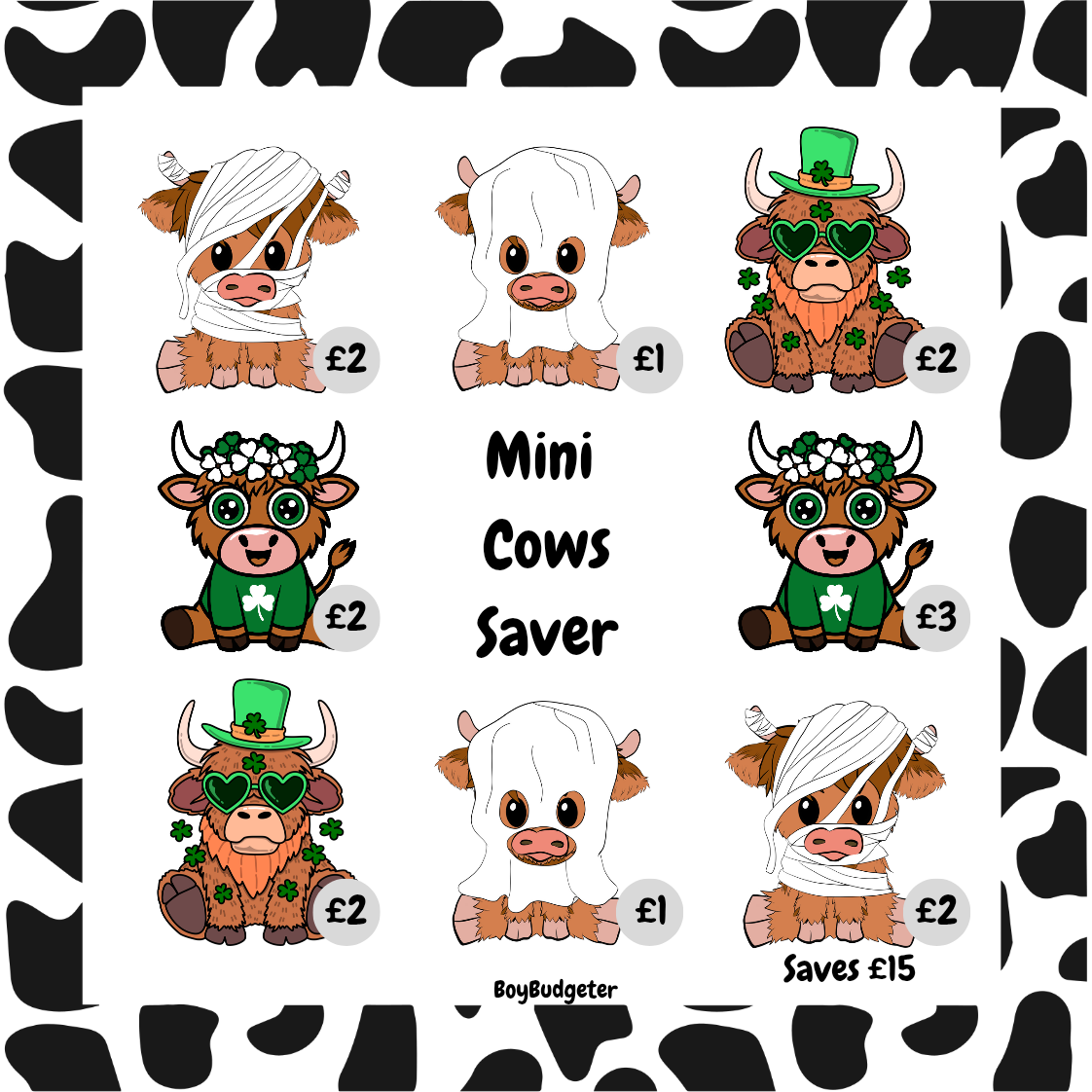 Illustrations of cartoon cows with prices and a 'Mini Cows Saver' label on a cow patterned background.