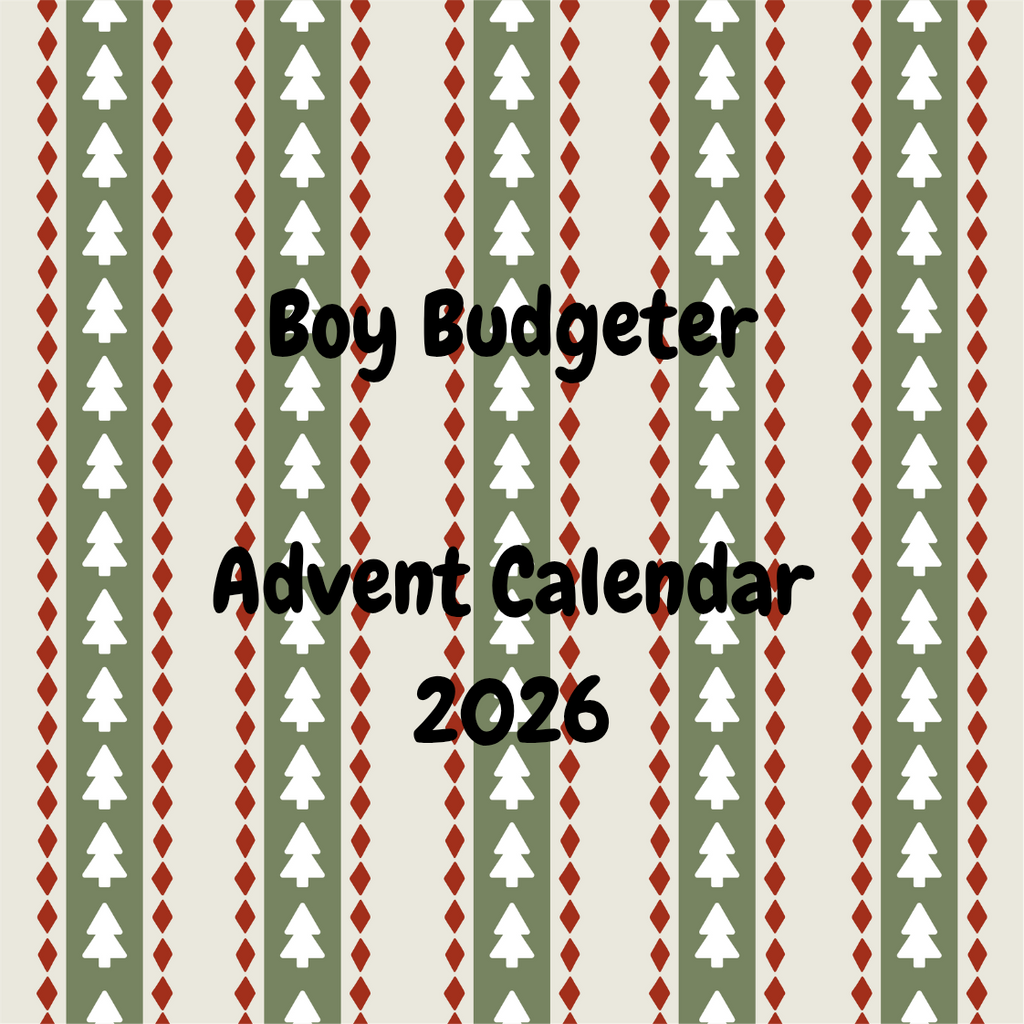 Advent calendar with Christmas tree pattern and 'Boy Budgeter Advent Calendar 2026' text.