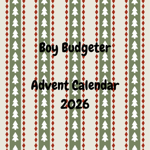 Advent calendar with Christmas tree pattern and 'Boy Budgeter Advent Calendar 2026' text.