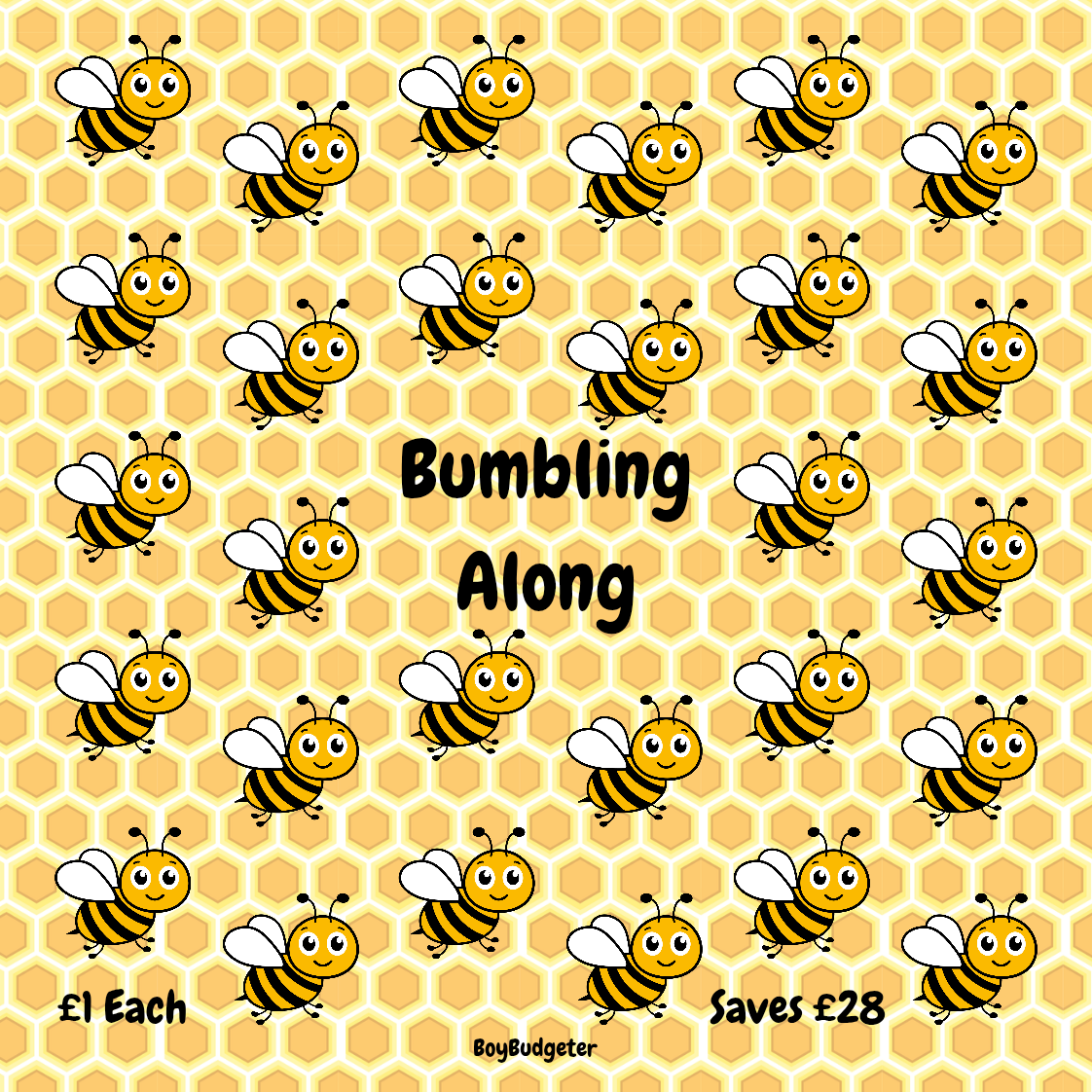 Pattern of cartoon bees on a honeycomb background with text 'Bumbling Along' and pricing information.