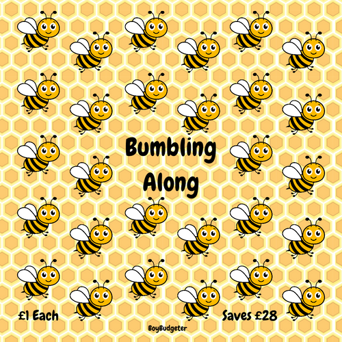Pattern of cartoon bees on a honeycomb background with text 'Bumbling Along' and pricing information.