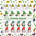 Pattern of cartoon gnomes with text on a green background
