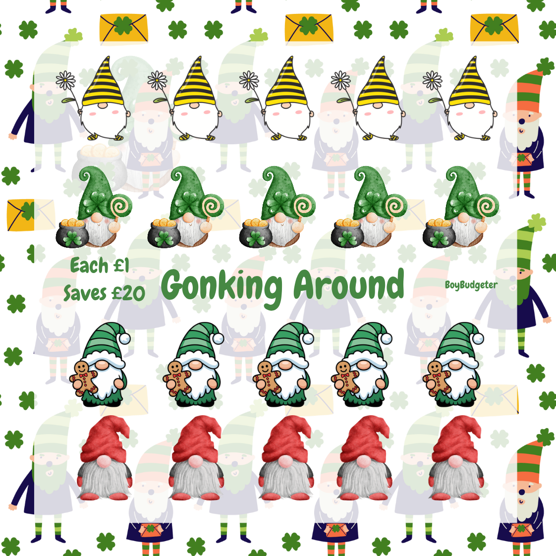 Pattern of cartoon gnomes with text on a green background