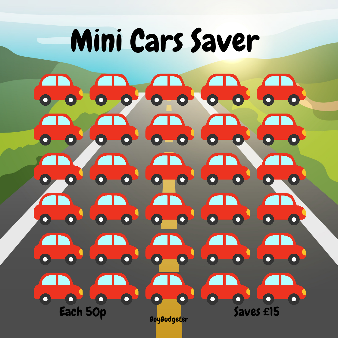Illustration of red cars on a road with text 'Mini Cars Saver' and 'BoyBudgeter'.