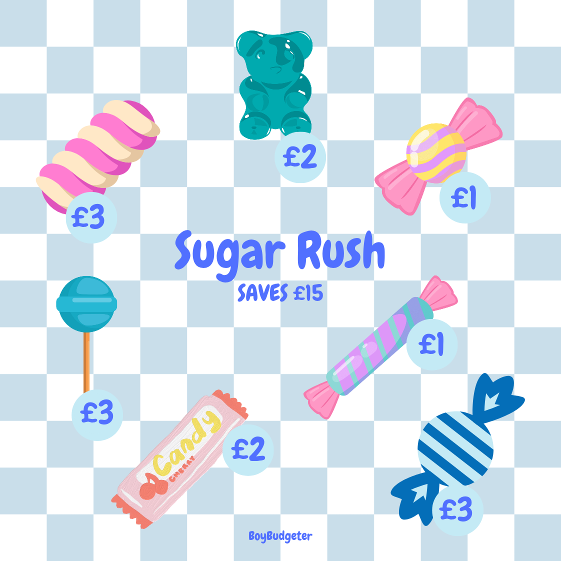 Illustrations of candies on a checkered background with text indicating savings.