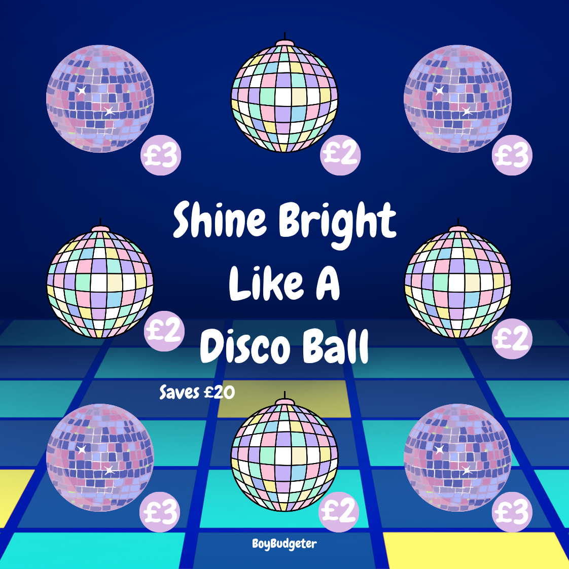 Disco balls with text 'Shine Bright Like A Disco Ball' on a blue checkered background